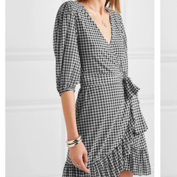 GANNI Ruffle-trimmed gingham mini wrap dress 34 - Picture 4 of 13
